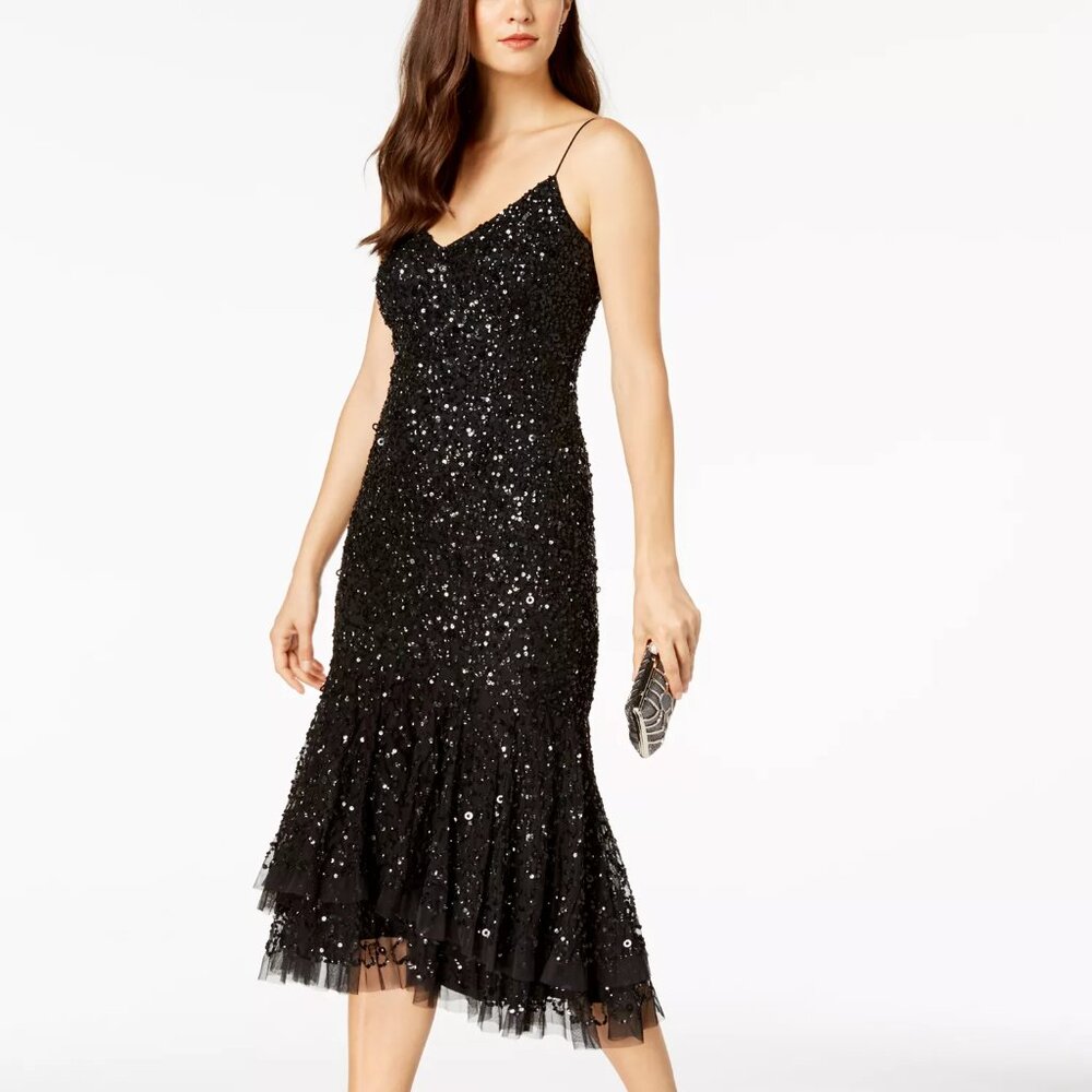 Adrianna Papell NEW Black Sequin Midi Dress Evening Gown Asymmetrical Hi Low 10